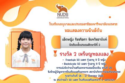 🎉ขอแสดงความยินดีกับ เด็กหญิงรัชชริตรา ชัยทวิชธานันท์ ได้รางวัลจากการแข่งขันว่ายน้ำ 🏊‍♀️เตรียมทหารแชมเปี้ยนชิพ ครั้งที่ 20