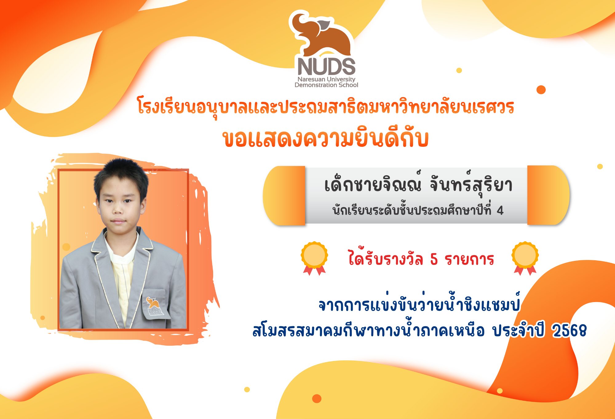 🎉 ขอแสดงความยินดีกับเด็กชายจิณณ์ จันทร์สุริยา นักเรียนชั้น ป.4 ได้รางวัลจากการแข่งขันว่ายน้ำ 🏊‍♀️